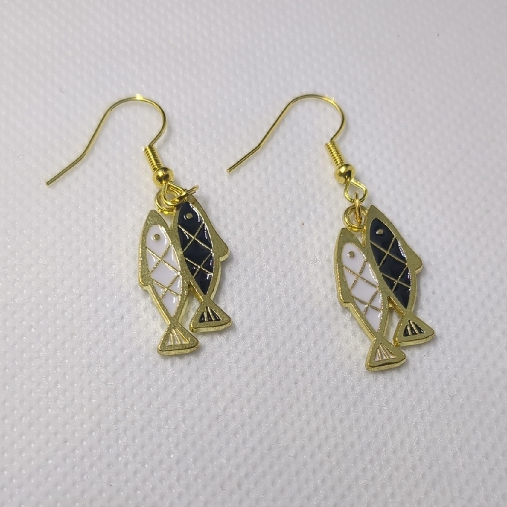 Gold and Black Fish Earrings